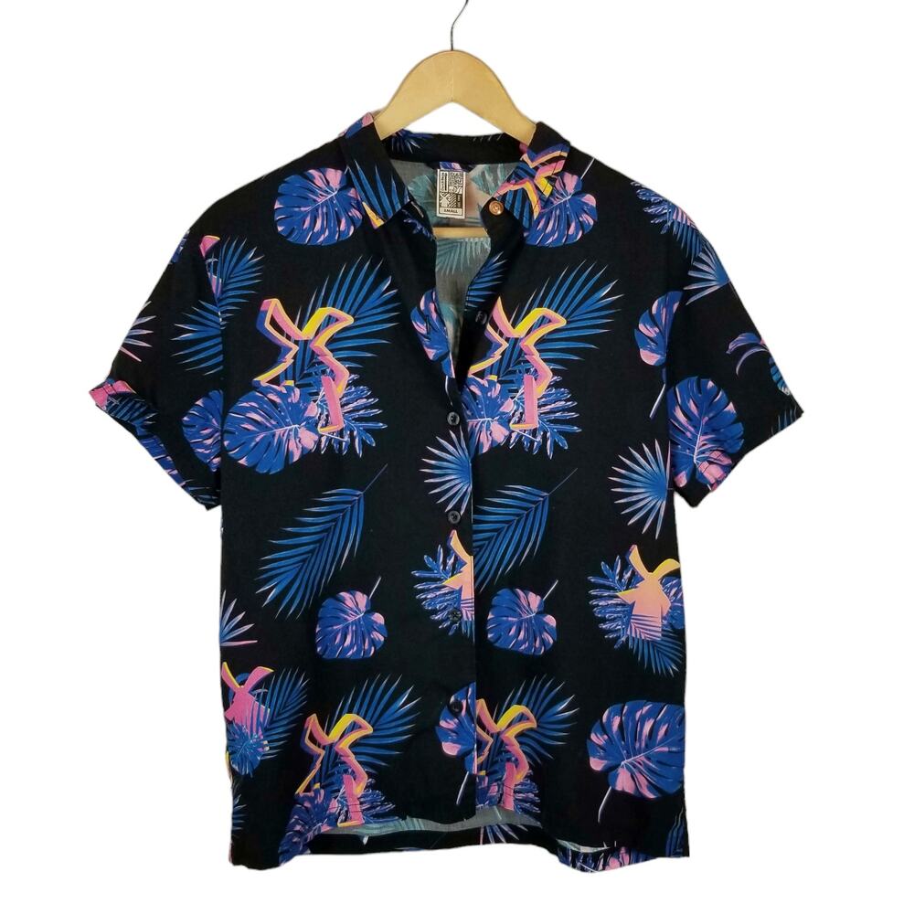 Dutch Bros Women's Hawaiian Print Short Sleeve Button Up Shirt Size S Small